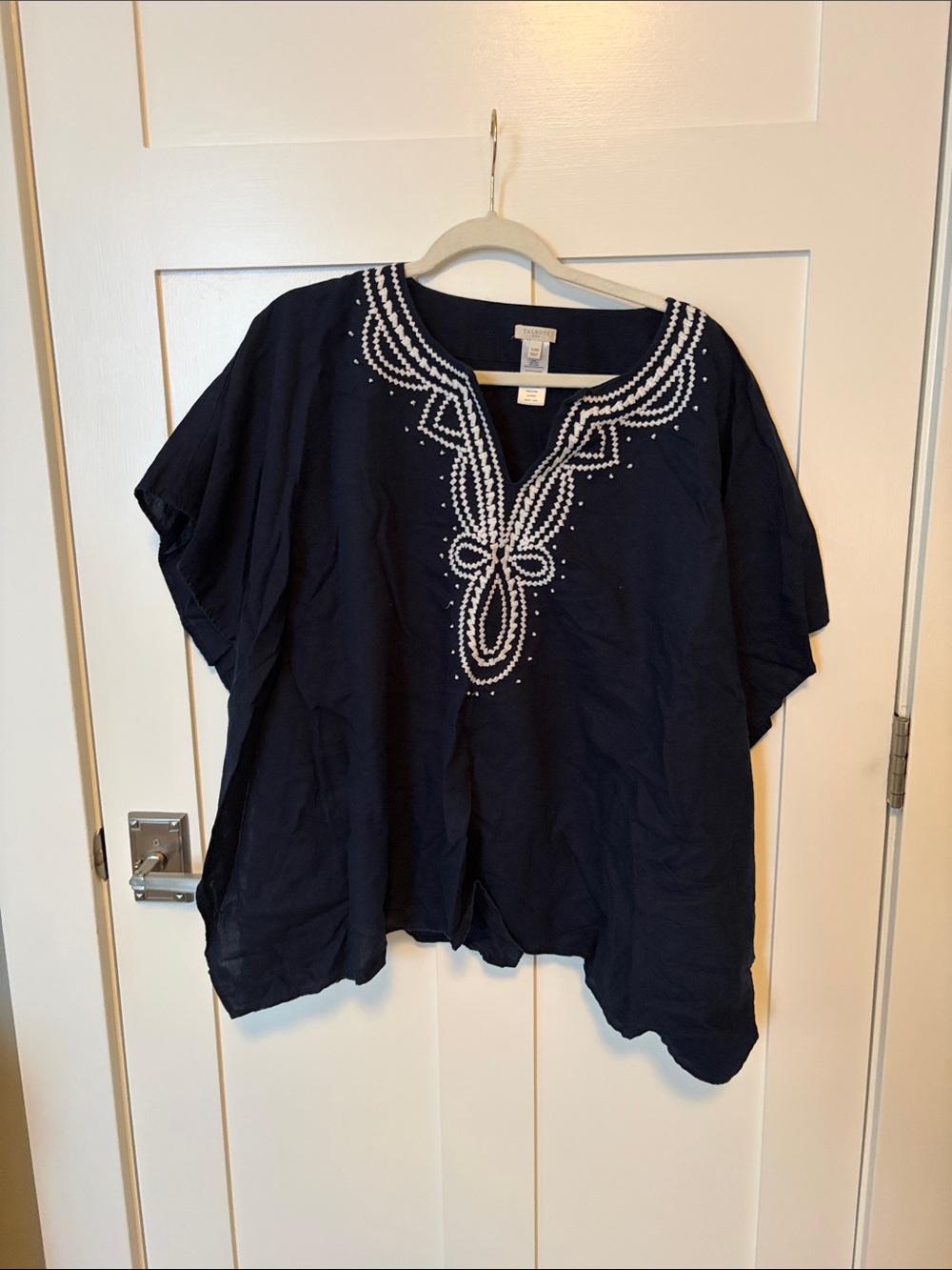 Talbots Cotton Linen Blend Navy & White Embroidered Tunic/Caftan Top